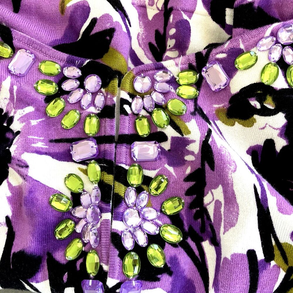 STYLE & CO sz L Purple Floral Rhinestone Smooth Knit Cardigan Top Green - Picture 2 of 5